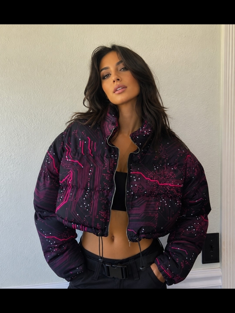 iHeartRaves black & pink circuit board puffer jacket  Sz S